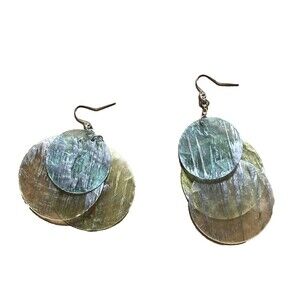 Pearl Earrings Miniblings Shell Perlmuttscheiben Hippie Boho Green Yellow VTG